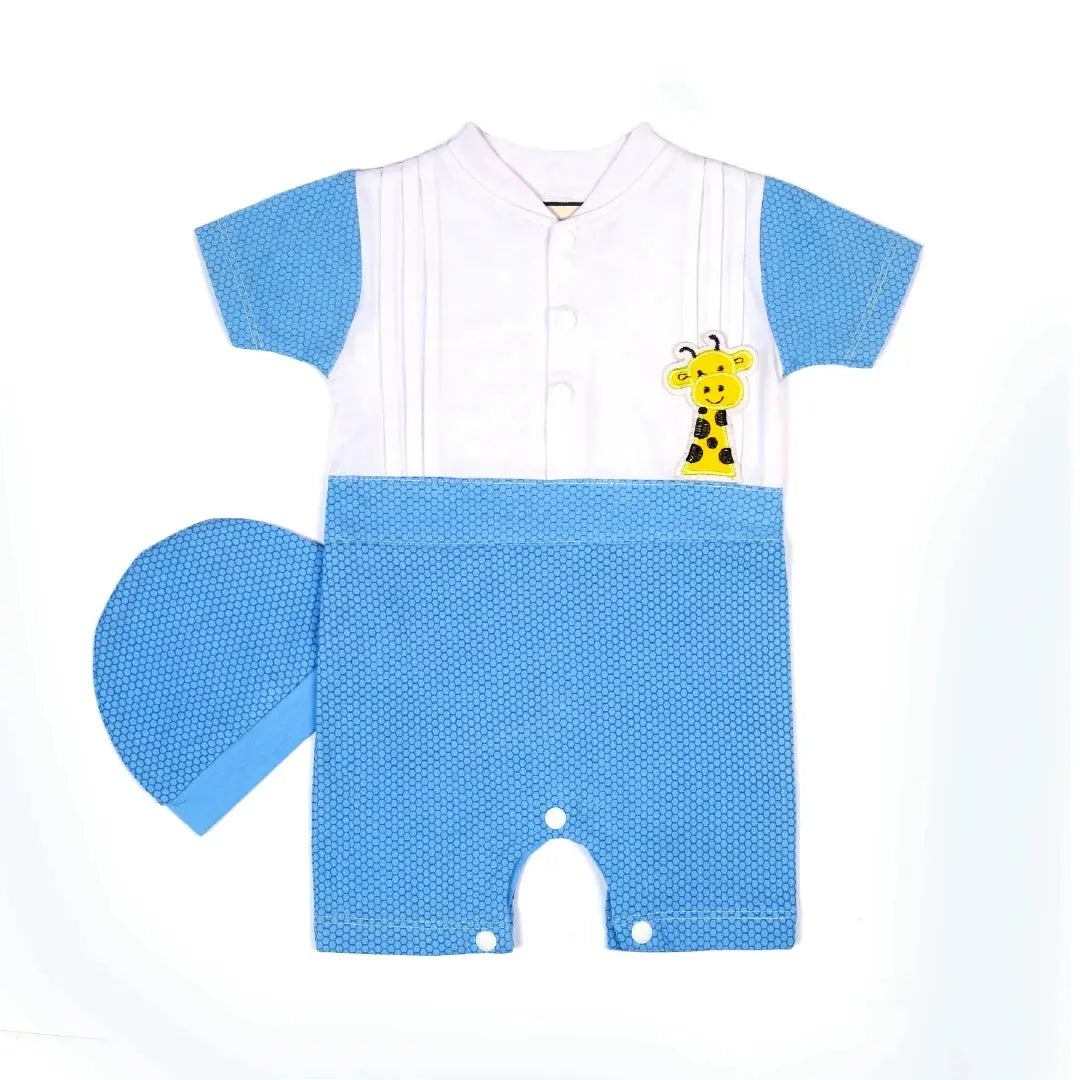 Cute Giraffe Appliqué White & Blue Baby Outfit - Niyaney Clothing