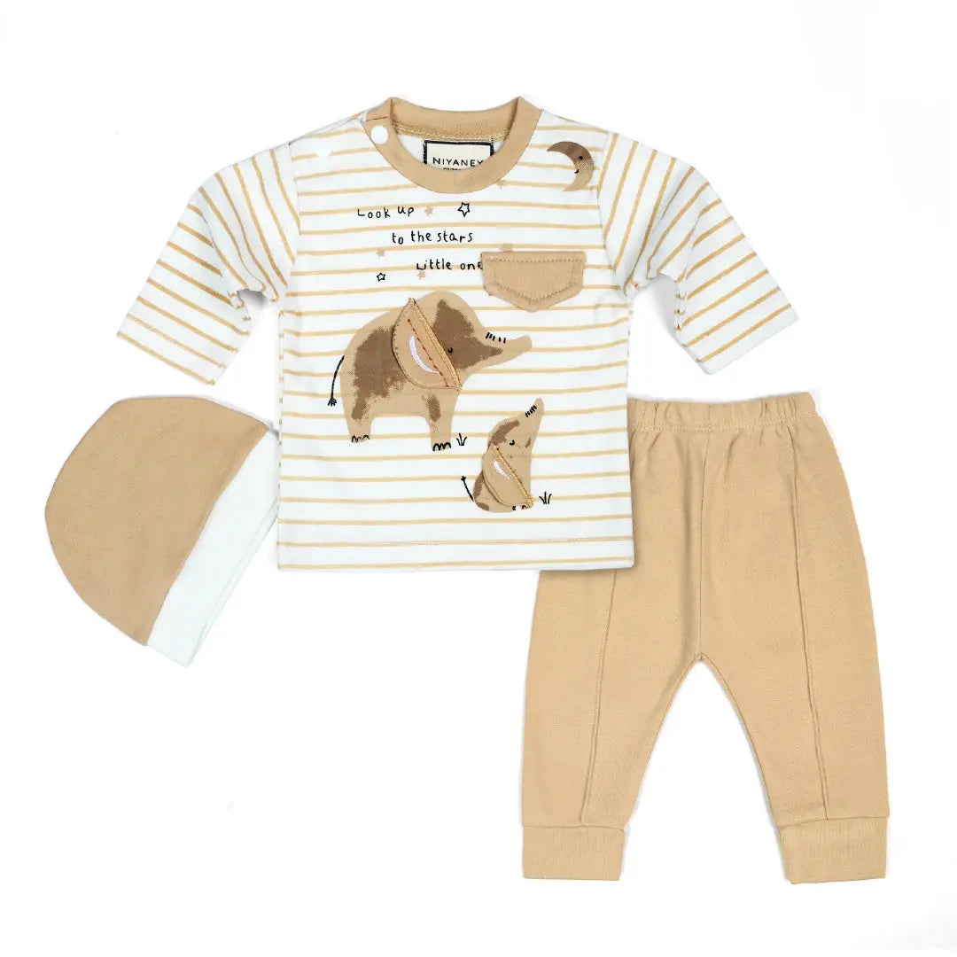 Beige & White Striped Elephant Baby Set - Niyaney Clothing