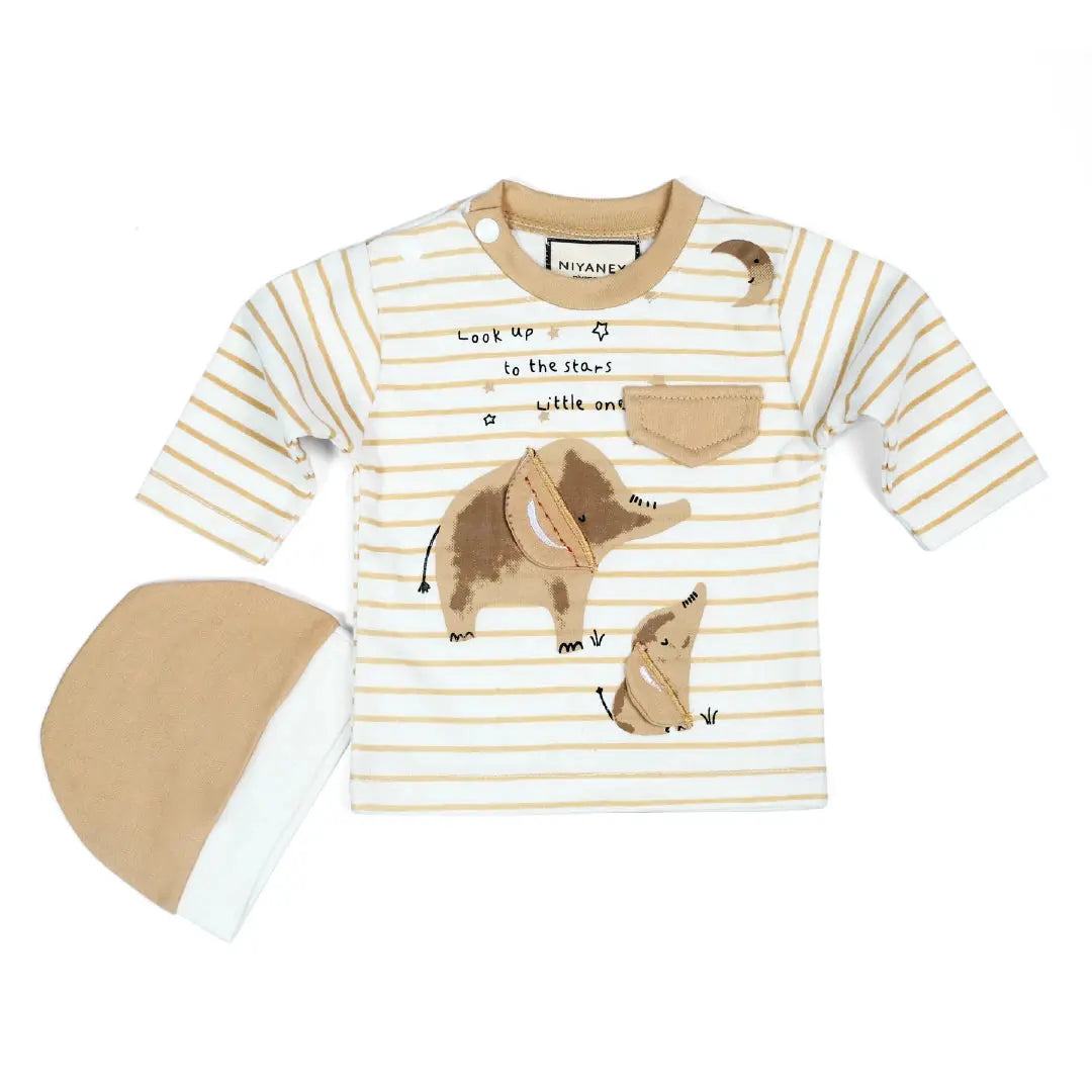 Beige & White Striped Elephant Baby Set - Niyaney Clothing