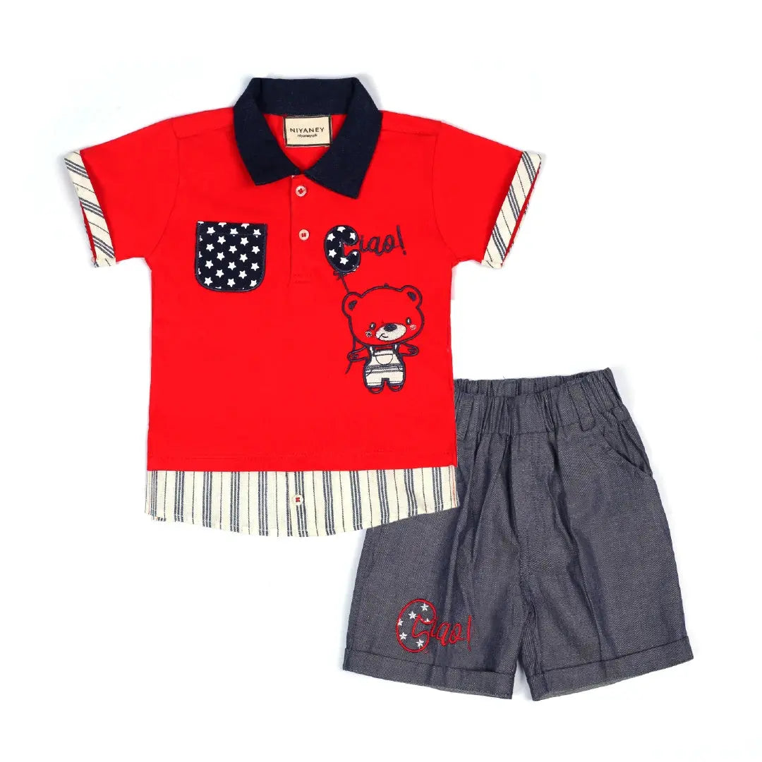 Stylish Red Baby Top with Bear Design & Grey Bottoms - Niyaney Clothing