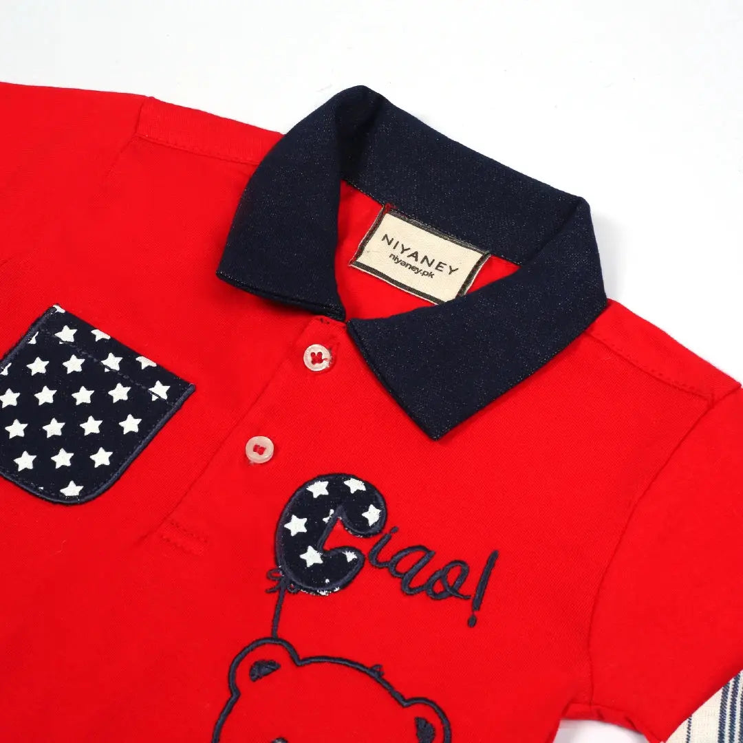Stylish Red Baby Top with Bear Design & Grey Bottoms - Niyaney Clothing