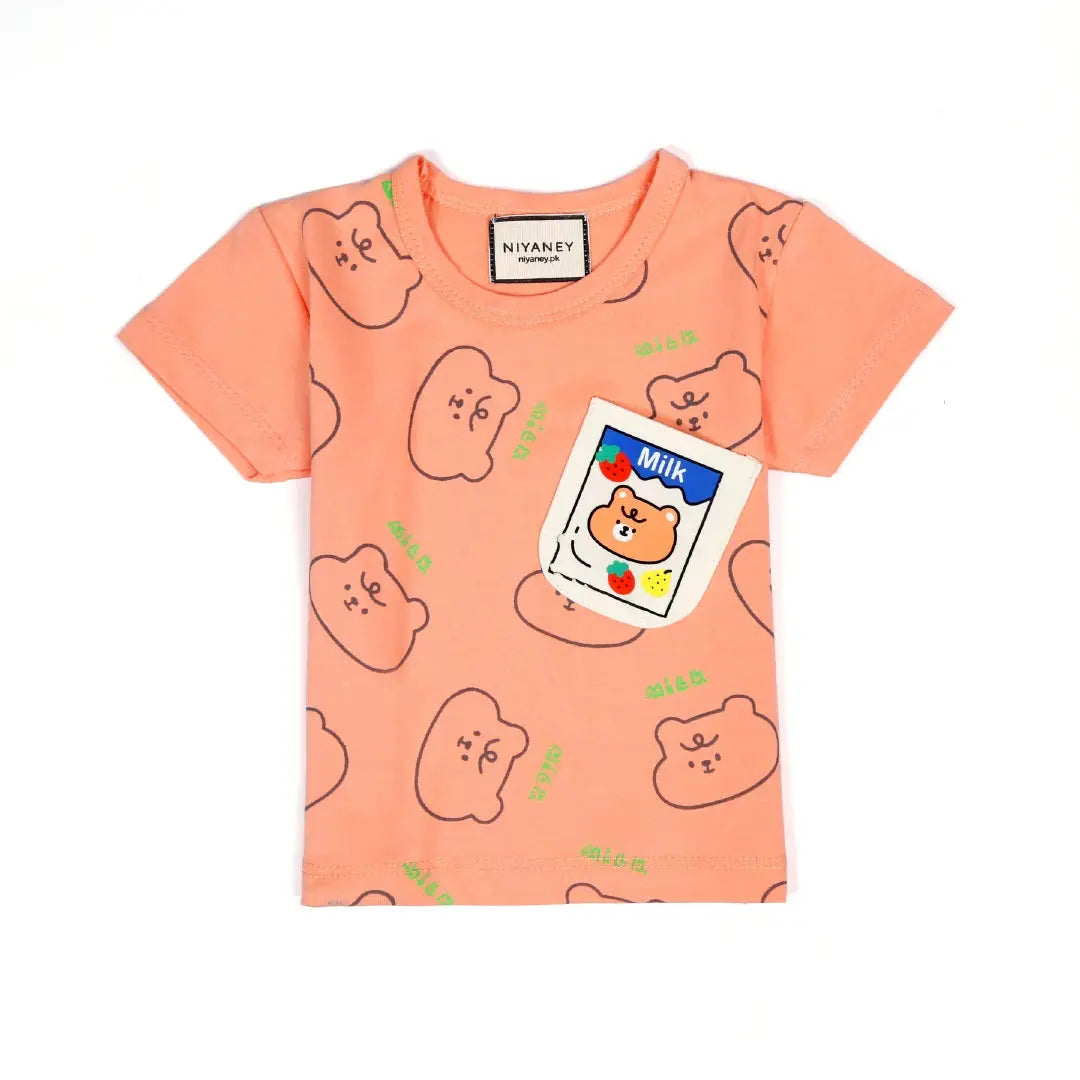 Peach Bear Print T-Shirt & Grey Shorts Set - Niyaney Clothing