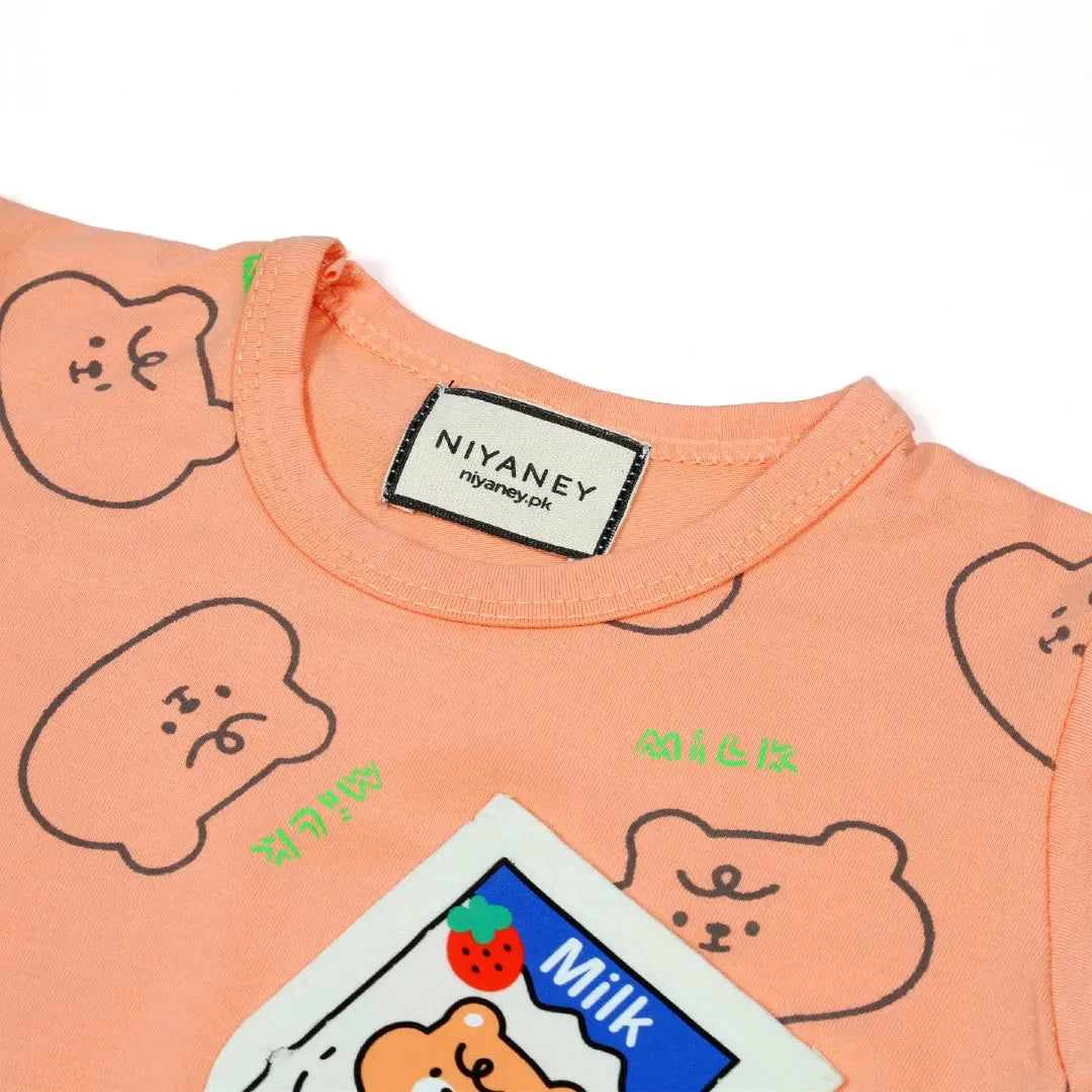 Peach Bear Print T-Shirt & Grey Shorts Set - Niyaney Clothing