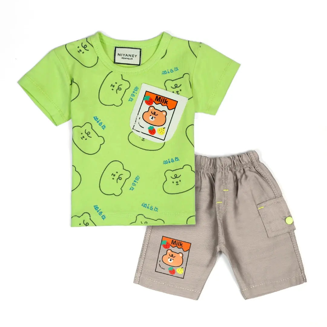 Lime Green Bear Print T-Shirt & Grey Shorts Set - Niyaney Clothing