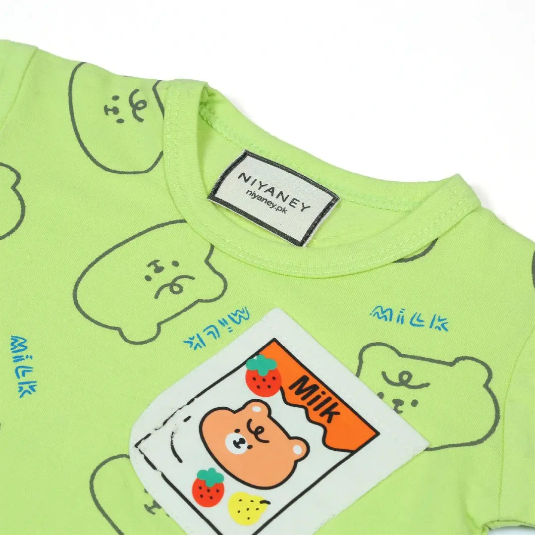 Lime Green Bear Print T-Shirt & Grey Shorts Set - Niyaney Clothing