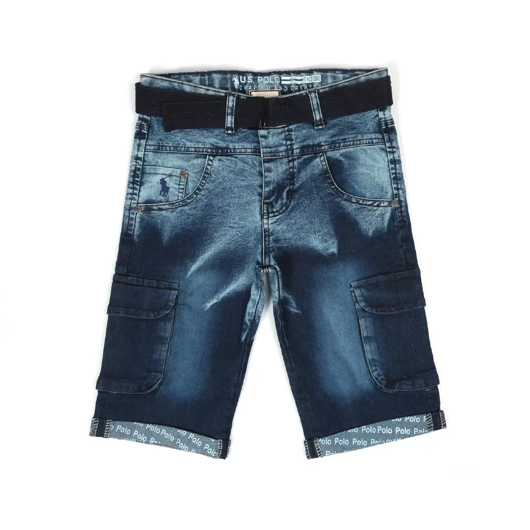 Mid-Wash Blue Belted Pocket Short - Niyaney Clothing