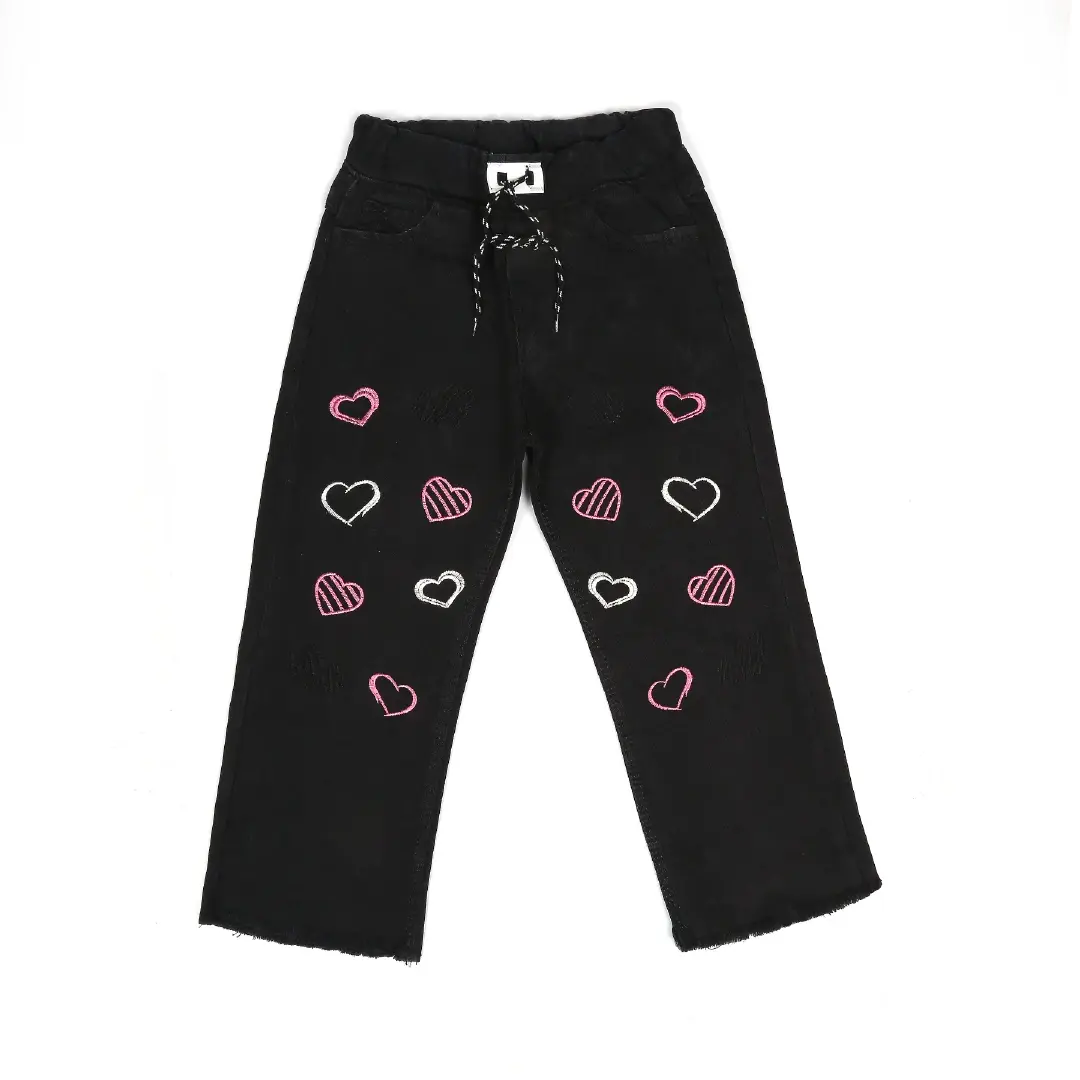 Black Heart Detail Wide Leg Jeans - Niyaney Clothing