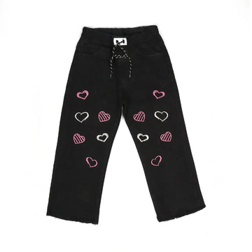 Black Heart Detail Wide Leg Jeans - Niyaney Clothing