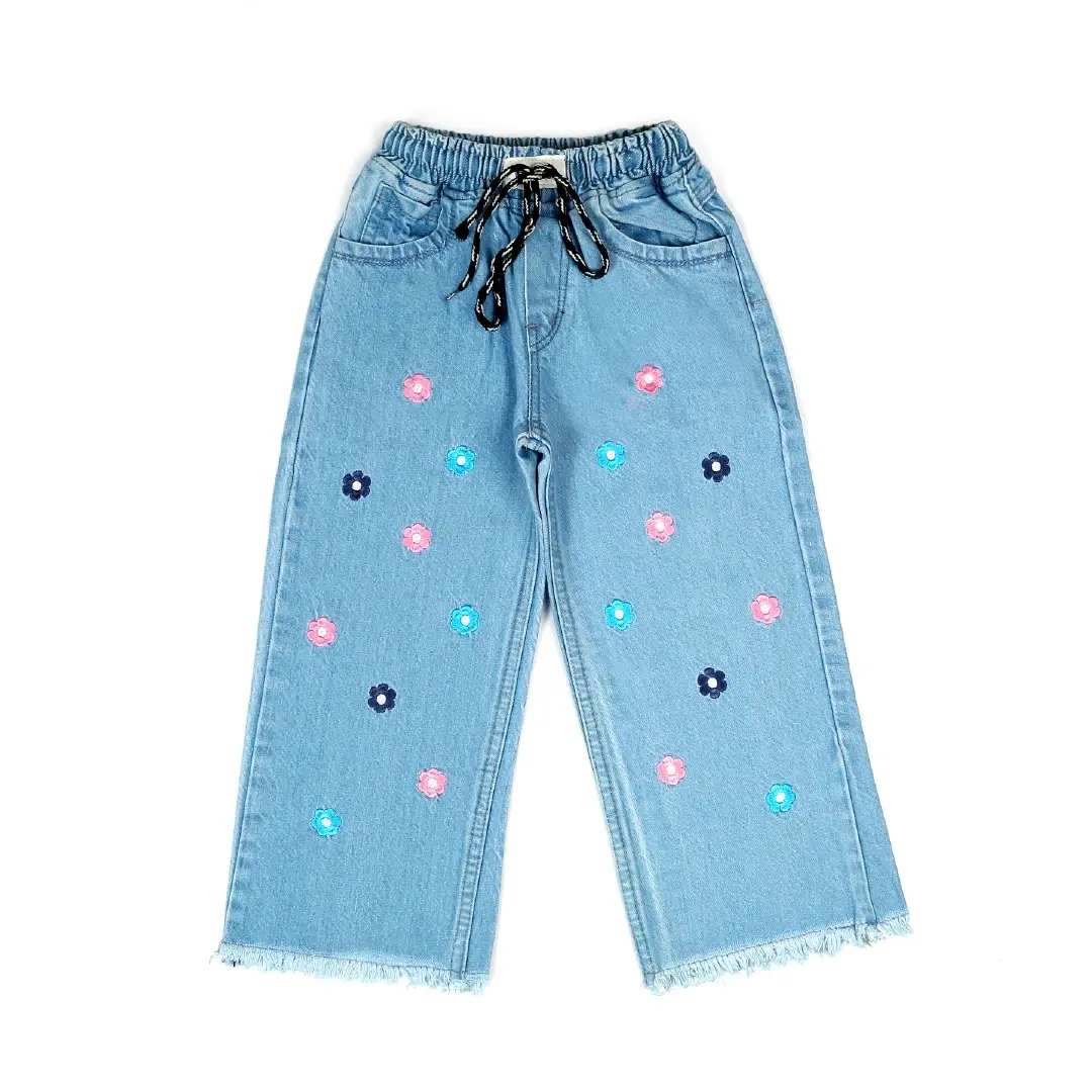 Light Blue Floral Embroidered Wide Leg Jeans - Niyaney Clothing