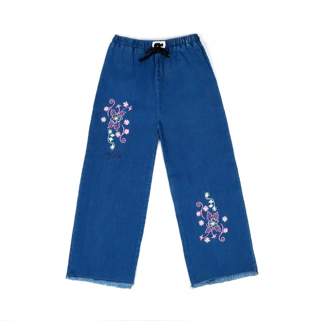 Blue Floral Embroidered Wide Leg Jeans - Niyaney Clothing