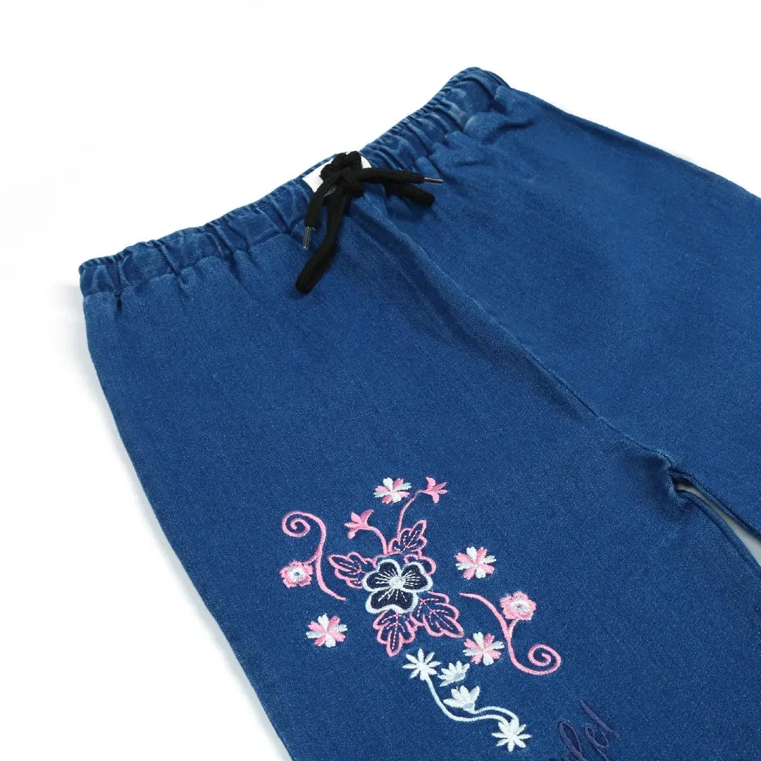 Blue Floral Embroidered Wide Leg Jeans - Niyaney Clothing
