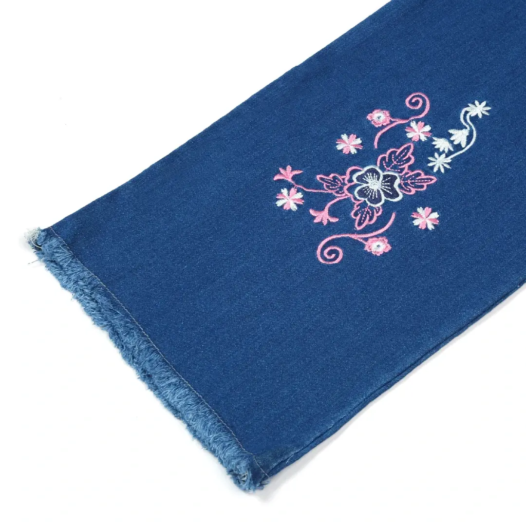 Blue Floral Embroidered Wide Leg Jeans - Niyaney Clothing