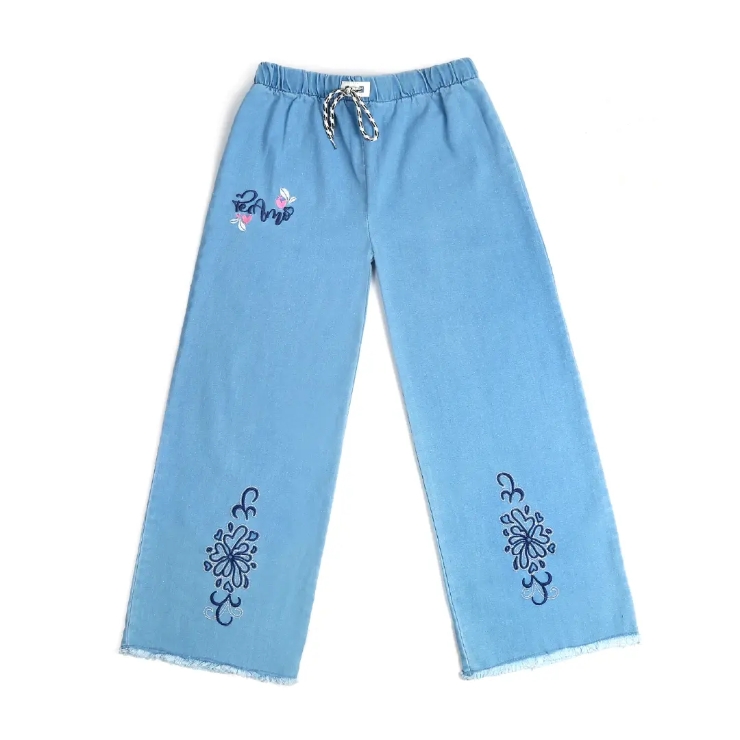 Light Blue Embroidered Wide Leg Jeans - Niyaney Clothing