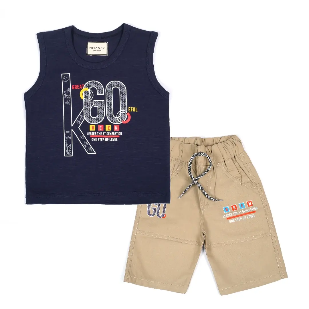 Stylish Navy Sleeveless Shirt & Khaki Shorts Set - Niyaney Clothing
