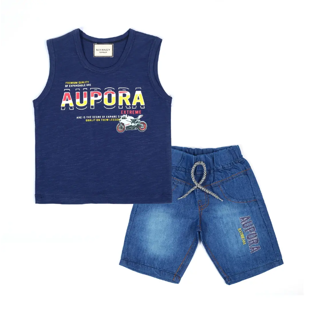 Stylish Navy Blue Sleeveless Shirt & Blue Jean Shorts Set - Niyaney Clothing