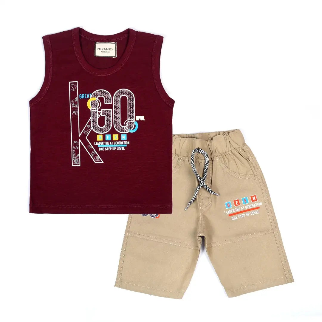 Stylish Maroon Sleeveless Shirt & Khaki Shorts Set - Niyaney Clothing