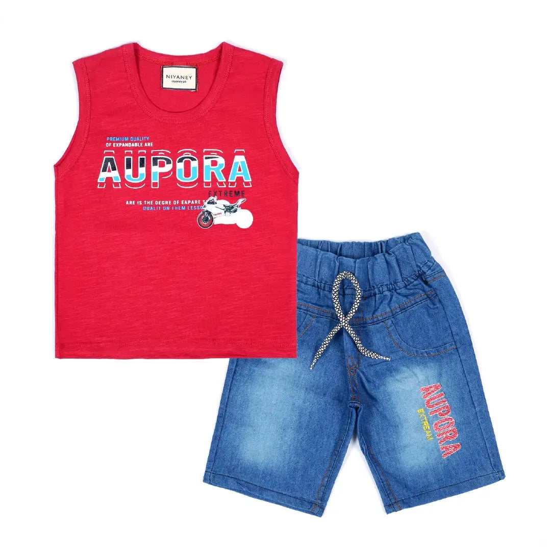 Stylish Red Sleeveless Shirt & Blue Jean Shorts Set - Niyaney Clothing