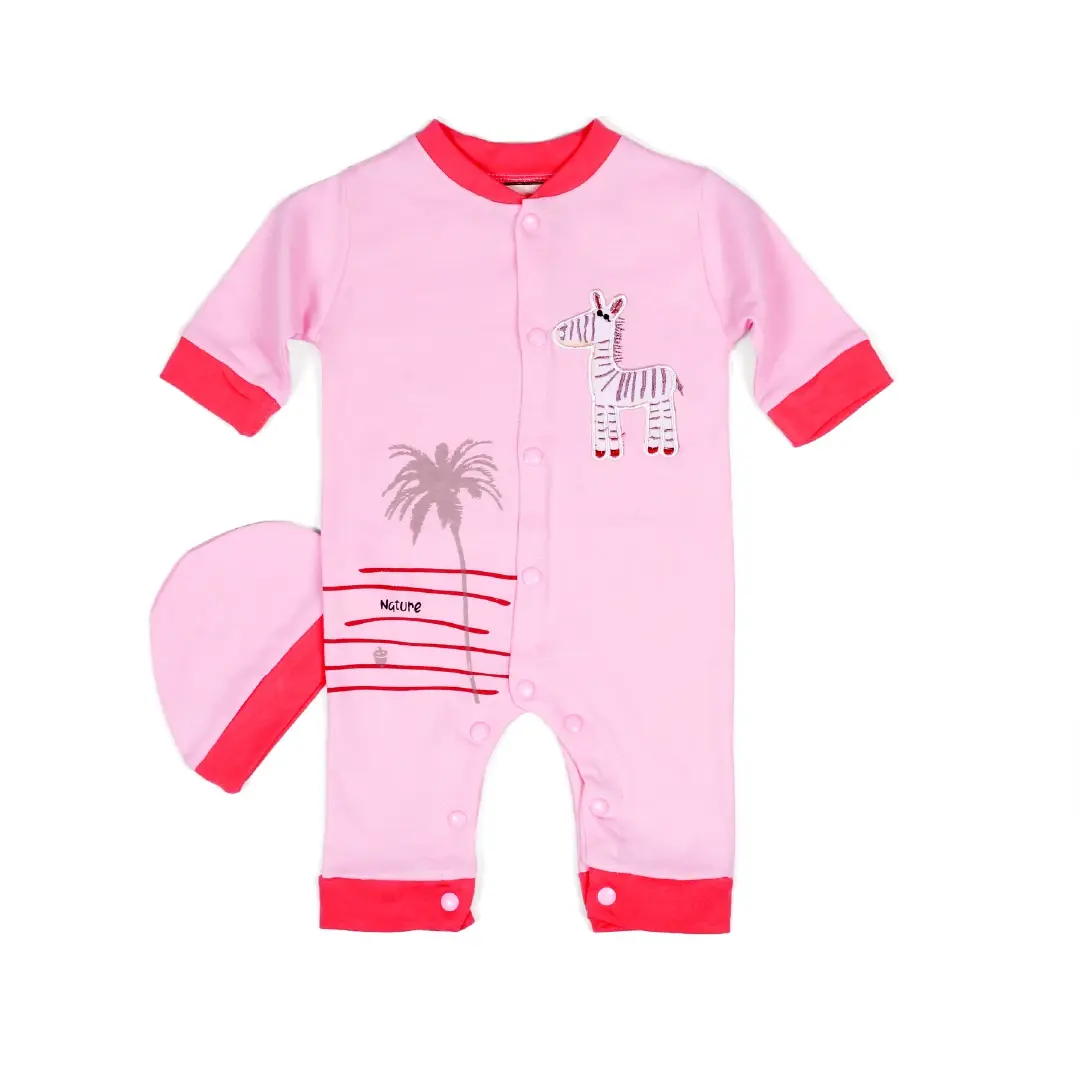 Pale Pink Zebra & Palm Tree Baby Outfit with Coral Trim - Niyaney Clothing