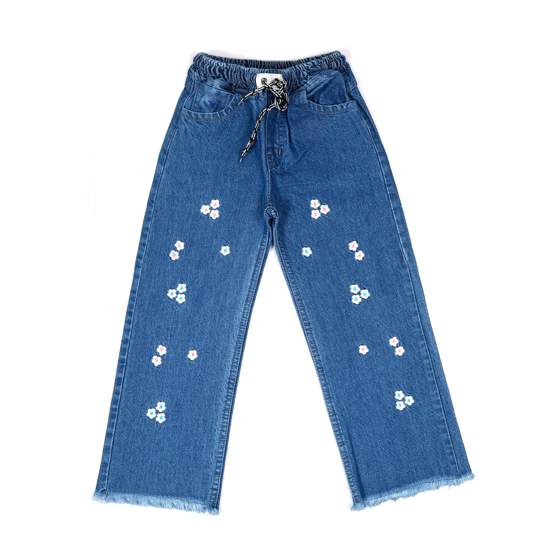 Medium Blue Floral Appliqué Wide Leg Jeans - Niyaney Clothing