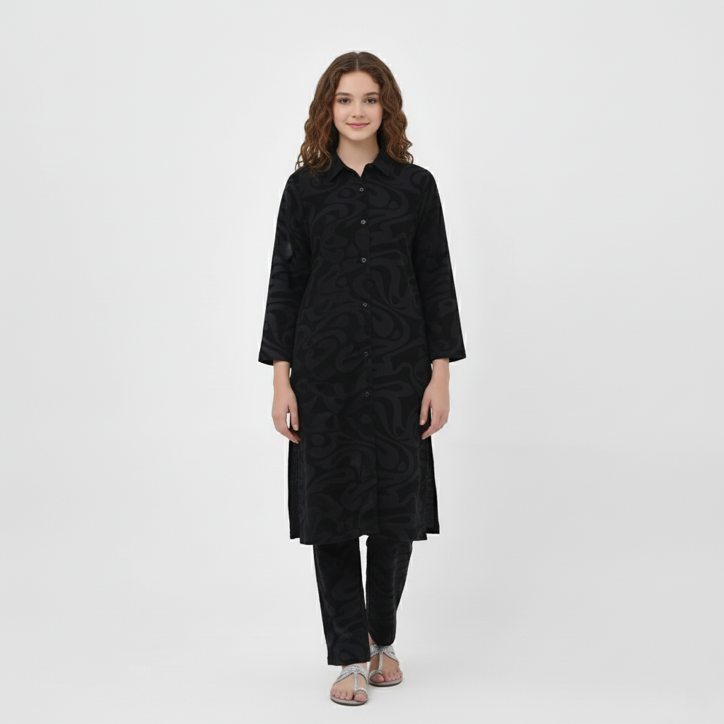 Black Allover Printed Fleece Co-ord