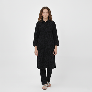 Black Allover Printed Fleece Co-ord