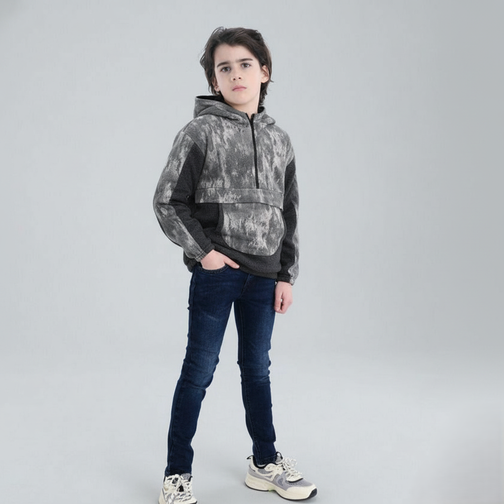 Chain Yarn Fleece Printed Charcoal Hoodie